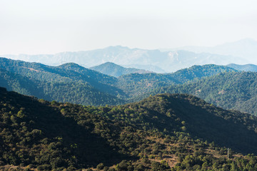View of the mountain landscape at sunset in Siurana de Prades, Tarragona, Spain. Copy space for text.