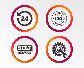 Repair fix tool icons. 24h Customer support service signs. 100% quality guarantee symbol. Cogwheel gear with wrench key. Infographic design buttons. Circle templates. Vector