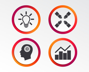 Lamp idea and head with gear icons. Graph chart diagram sign. Teamwork symbol. Infographic design buttons. Circle templates. Vector