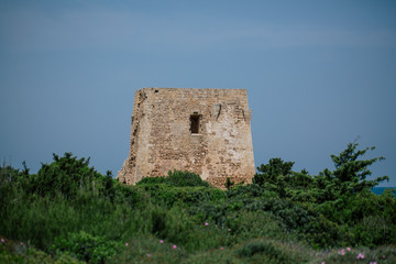 Fototapeta na wymiar Castle rock tower Adriatic sea Italia blue coast apulia