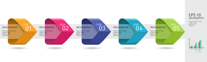 Infographic arrows with 5 step up options and glass elements. Vector template in flat design style
