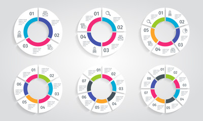 Circle arrows modern infographic set. Vector template with 3-8 options for diagram, workflow layout, flowchart, steps, parts, timeline, chart, web design, background.