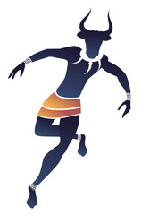 Tribal zodiac. Taurus. Man with bull head, fangs necklace and bracelets on his ankles, dancing a tribal dance