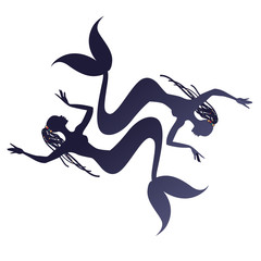 Tribal zodiac. Pisces. Two mermaids or women with fish tail, long dreadlocks decorated with pearls