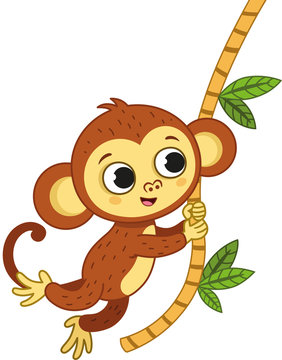The cute monkey is swinging. Vector illustration.