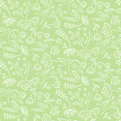Tender green seamless pattern with white spring linear hand drawn floral motif. Romantic meadow flowers on grass background texture for textile, wrapping paper, cover, surface, wallpaper
