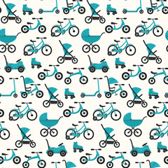 Flat bright blue baby transport seamless pattern. Colorful turquoise vector children transport texture for package design, textile, wrapping paper, background, surface, wallpaper