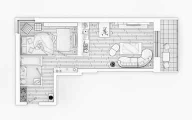Line drawing floor plan on a white background, Mock up of furnished home apartment