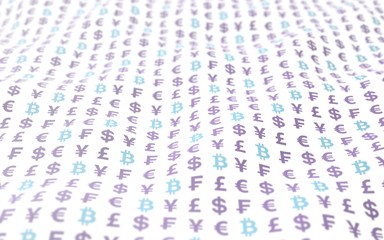 Bitcoin background. Cryptocurrency 3D illustration. Digital currency symbol. Wave effect, currency market fluctuations. Business concept