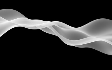 Abstract gray wave. Raster air background. Bright gray ribbon on dark background. Gray scarf. Abstract gray smoke