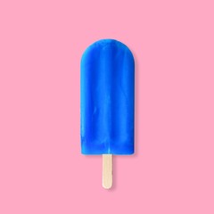 Single blue popsicle against a pastel pink background. Minimal summer concept.