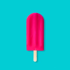 Single bold pink popsicle against a pastel blue background. Minimal summer concept.