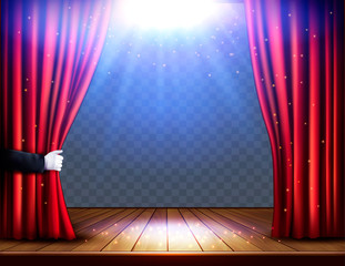 Fototapeta premium A theater stage with a red curtain and hand on transparent background. Festival night show poster. Vector