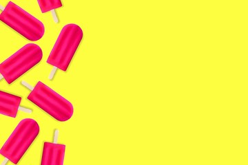 Side border of vibrant pink popsicles against a bright yellow background. Copy space.