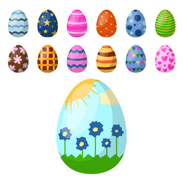 Easter eggs painted with spring pattern multi colored organic food holiday game vector illustration.