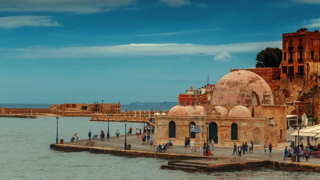 Early morning timelapse shot of the famous Mosque of the Janissaries in the promenade of Chania, Crete, Greece