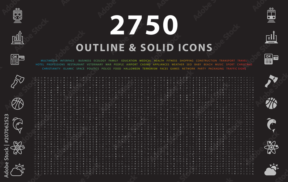 Fototapete set of 2750 outline and solid icons on black background . vector isolated elements