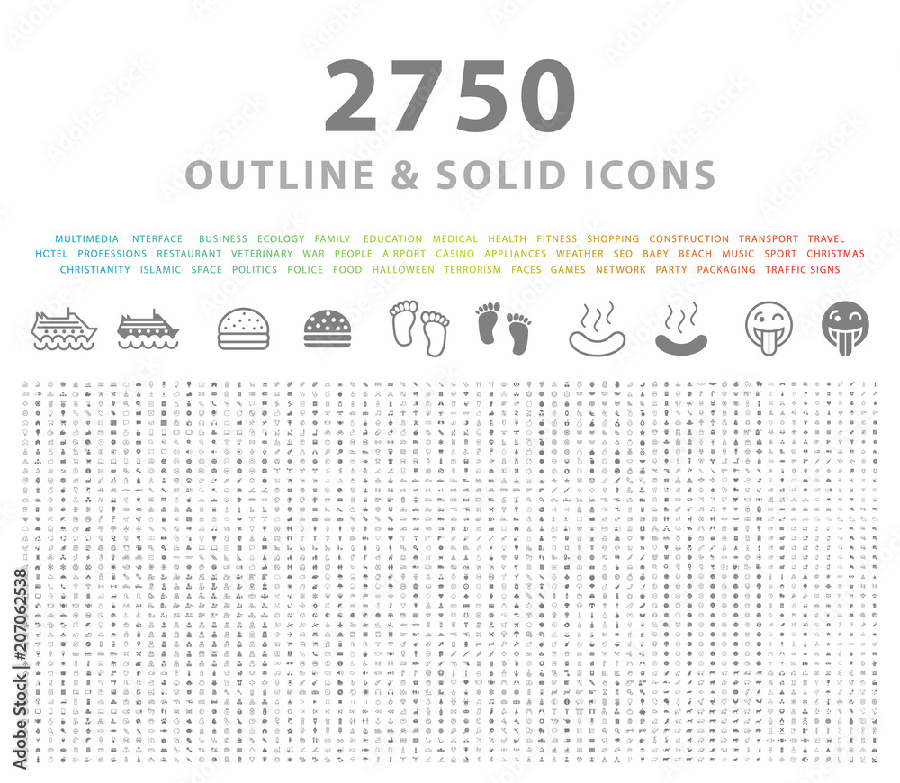 Wall mural set of 2750 outline and solid icons on white background . vector isolated elements