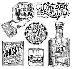 Vintage American whiskey badge. Alcoholic Label with calligraphic elements. Classic frame for poster banner. Glass with strong drink. Cheers toast. Hand drawn engraved sketch lettering for t-shirt.