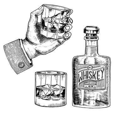 Vintage American whiskey badge. Alcoholic Label with calligraphic elements. Classic frame for poster banner. Glass with strong drink. Cheers toast. Hand drawn engraved sketch lettering for t-shirt.