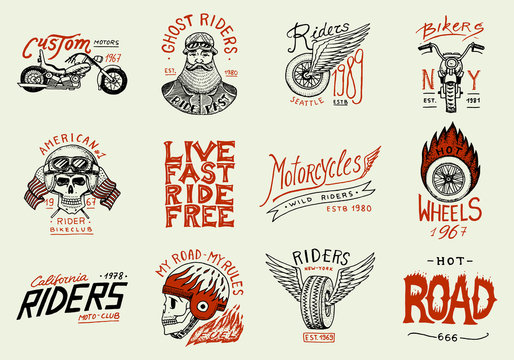 Motorcycles and biker club templates. Vintage custom skulls emblems, labels badges for t shirt. Monochrome retro style. Classic sport motorbike with racing gasoline. Hand drawn engraved sketch