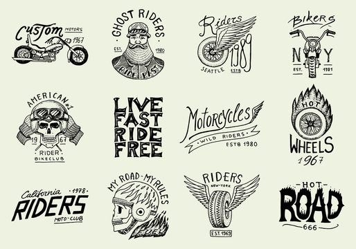 Motorcycles and biker club templates. Vintage custom skull emblems, labels badges for t shirt. Monochrome retro style. Classic racing sport motorbike. vector elements. Hand drawn engraved sketch