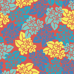 Red yellow blue hibiscus handdrawn seamless pattern. Great for fabric, wallpaper, and scrap booking. Vector surface pattern design.