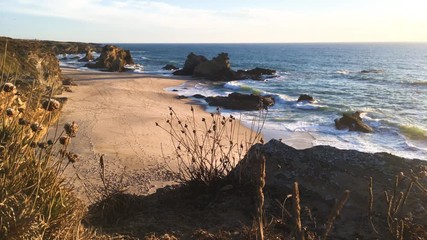 Landscape of Porto Covo beach, Portugal at sunset.