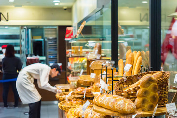 Bread on the shelves in the store, Kyoto, Japan.