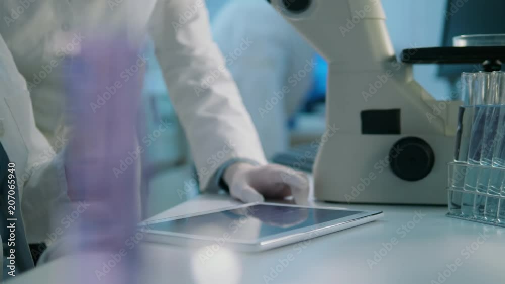 Wall mural close-up of life scientists in a laboratory using a tablet discussing the results of the research th