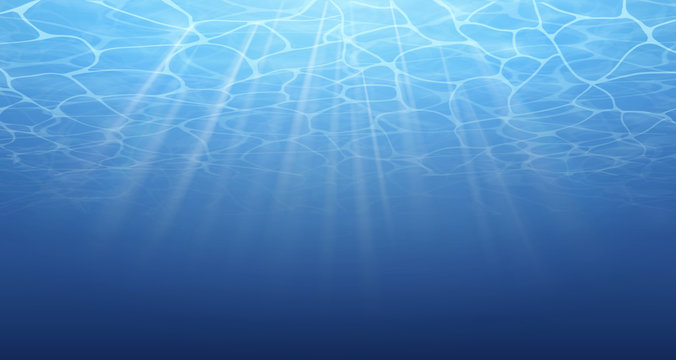 Summer. Texture of water surface. Underwater background. Waves effects. Blue underworld. Ocean, sea. Diving. Blue sea pool water. Bottom view. Vector illustration nature background.