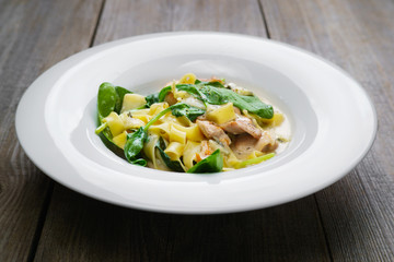 Pasta Fettuccine with chicken, bechamel sauce and spinach. Modern Italian cuisine, restaurant menu, chef's recipe concept