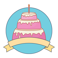 emblem with birthday cake and decorative ribbon over white background, colorful design. vector illustration