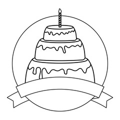 emblem with decorative ribbon and birthday cake with candles over white background, vector illustration