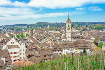 Obraz premium Panoramic view of the old town of Schaffhausen, Switzerland from Munot fortress. Swiss canton of Schaffhausen in northern Switzerland