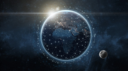 Global communication network concept network dots surrounding planet earth with focus on America. Information exchange via satellites.
