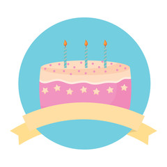 emblem with decorative ribbon and birthday cake with candles over white background, colorful design. vector illustration