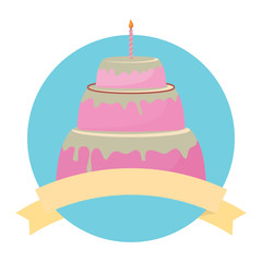 emblem with birthday cake and decorative ribbon over white background, colorful design. vector illustration