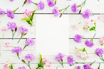 Pattern made of pink flowers and card on white background. Flat lay, top view. Background with paper card 