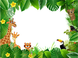 Bright tropical background with cartoon; jungle; animals;