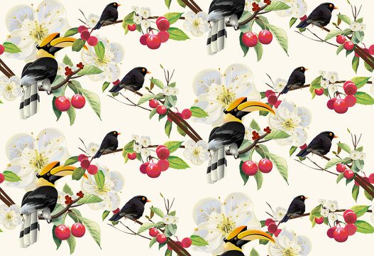 Tropical trendy seamless pattern with hornbill, black bird.