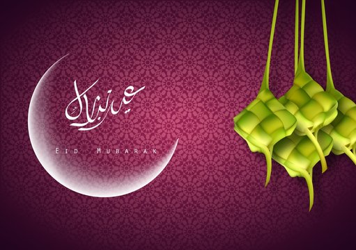 Eid Mubarak greetings with crescent arabic calligraphy and Hanging Ketupat