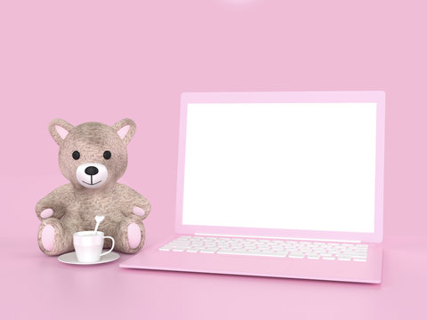 Bear with milk cup and laptop on pink pastel