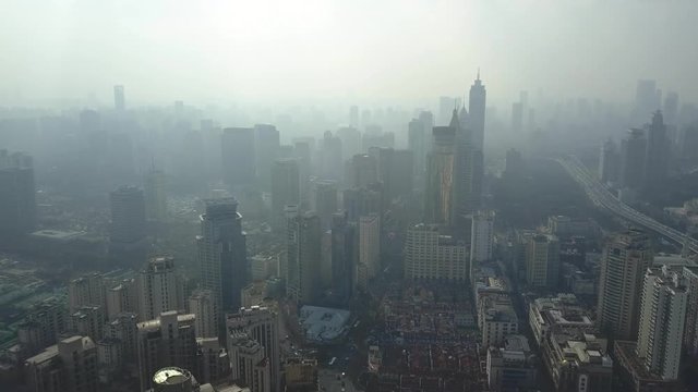 High altitude drawing Modern Shanghai cityscape Best Skyscrapers glass Old city Road traffic Elevated overpass urban Financial business Technology futuristic fog smoke ecology ghostly. Aerial Drone 4k