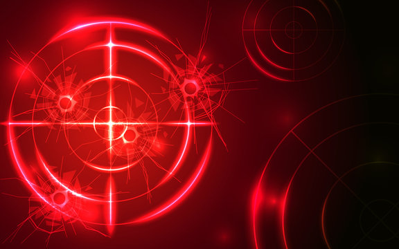 Abstract red radar, target, shooting range with bullet hole digital technology concept.