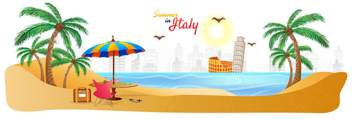 Summer in Italy web header or banner with stylish text travel bag, umbrella, sea side and colosseum and pisa, Italian monuments illustrations.
