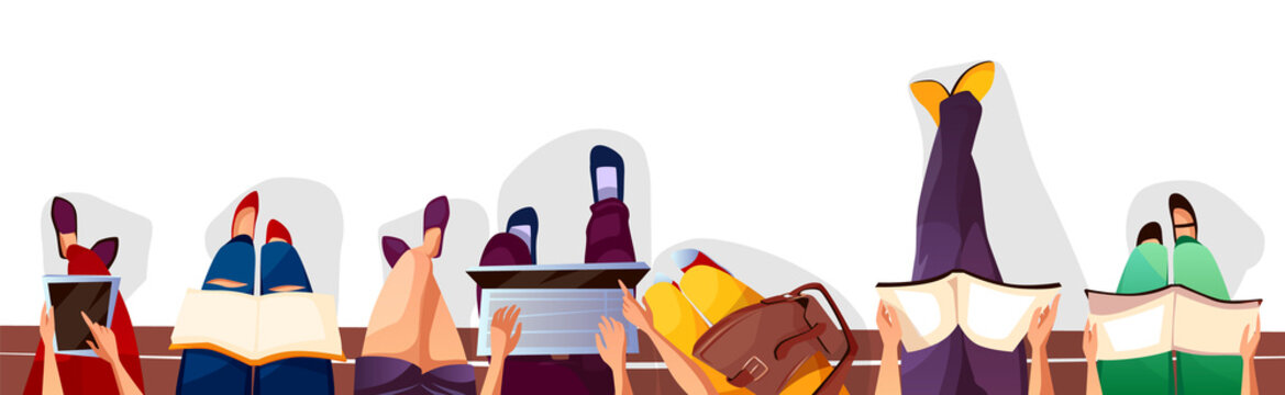 Back to college or school vector illustration of students sitting on bench and reading books. College boy and girl teens with school bags, smartphones and laptops on cartoon background top view