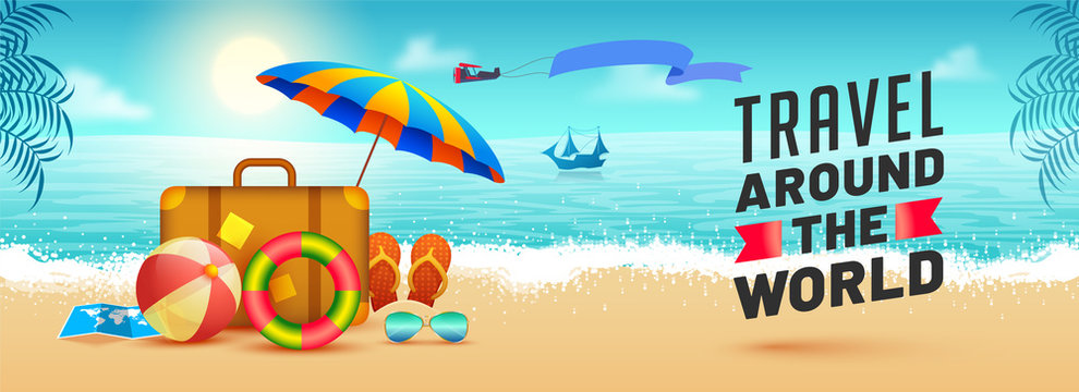 Travel around the world, web banner design with travelling bag, volleyball, flip-flops and beach view.