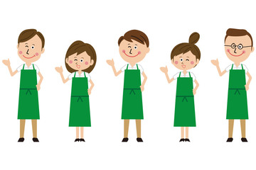 ポップな緑のエプロンをした男女のグループが案内