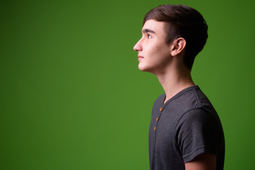 Young handsome Iranian teenage boy against green background